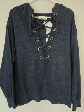 Ocean Drive Lace-Up Hooded Pullover - Navy Blue